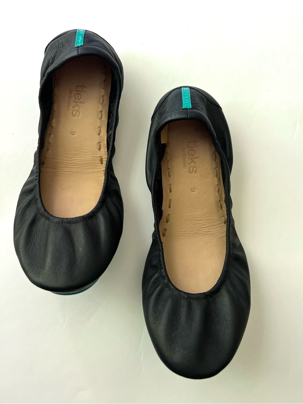 Tieks Black Leather Ballet Flats with Teal Heel Tab
